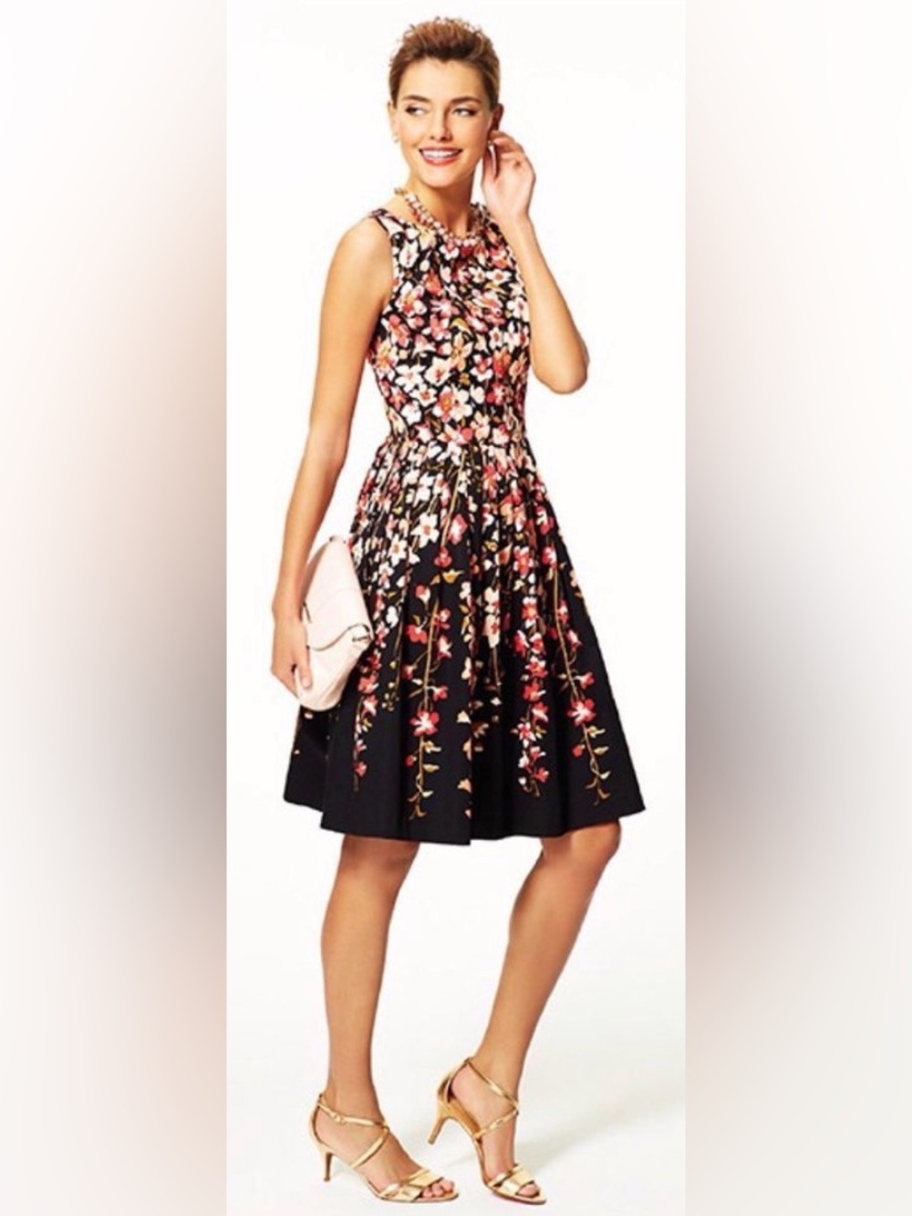Talbots Fit and Flare Pink Floral Cotton Poplin Black Dress Women’s 14W